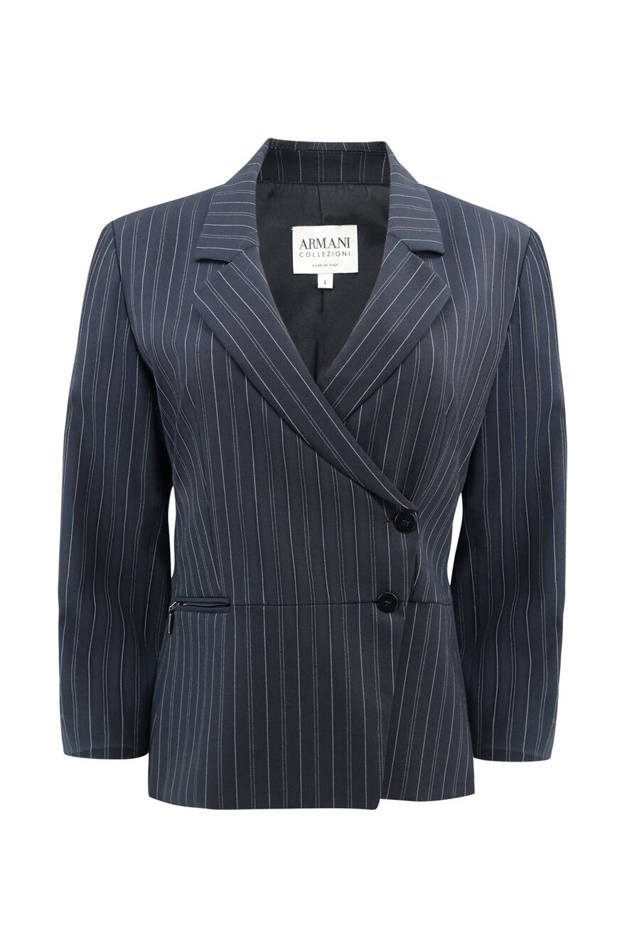 Giorgio Armani Vintage Asymmetrical Navy Pinstripe Double-Breasted Jacket